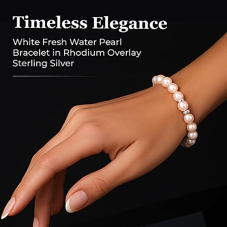 White Fresh Water Pearl Bracelet (Size - 7.5) in Rhodium Overlay Sterling Silver