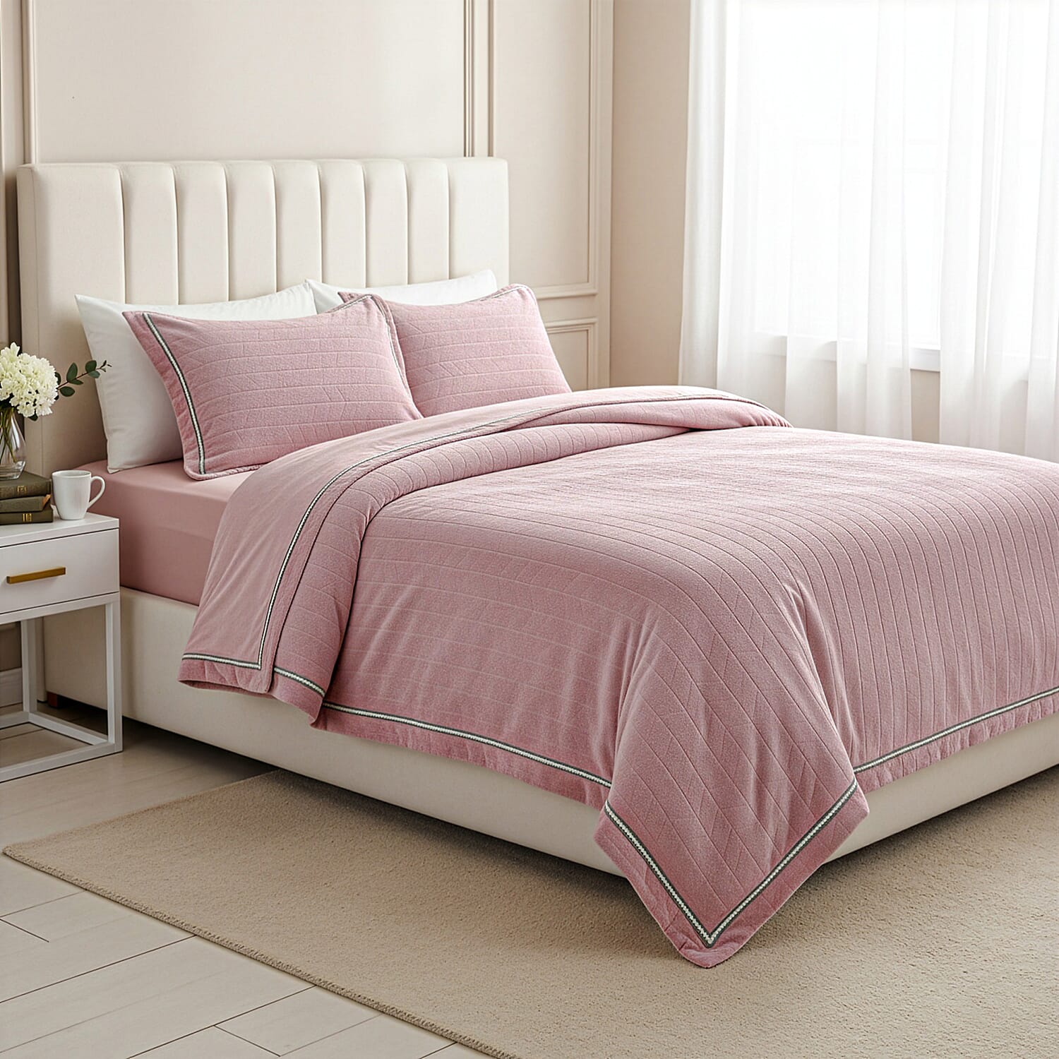 Set of 3 - Milky Velvet Duvet Cover with 2 Pillow Case - Pink