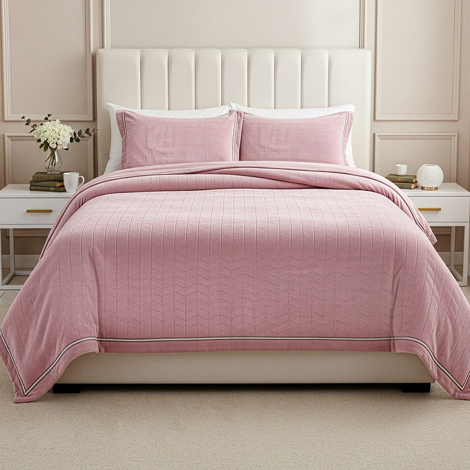 Set of 3 - Milky Velvet Duvet Cover with 2 Pillow Case - Pink