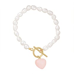 Rose Quartz ,  White Fresh Water Pearl  Bracelet (Size - 7.5) With T-Bar Clasp  Pure Yellow Gold Tone  76.00 ct