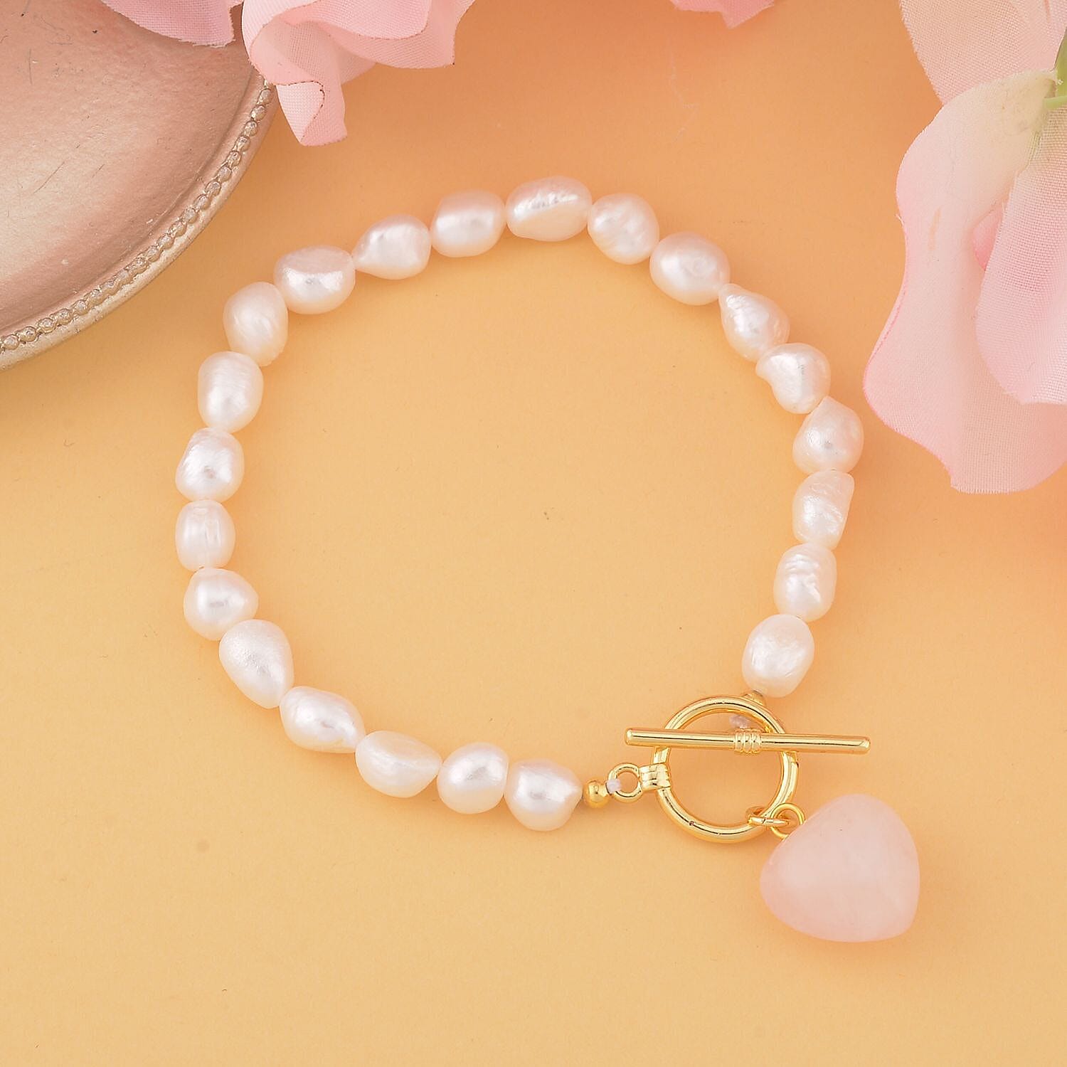 Rose Quartz ,  White Fresh Water Pearl  Bracelet (Size - 7.5) With T-Bar Clasp  Pure Yellow Gold Tone  76.00 ct