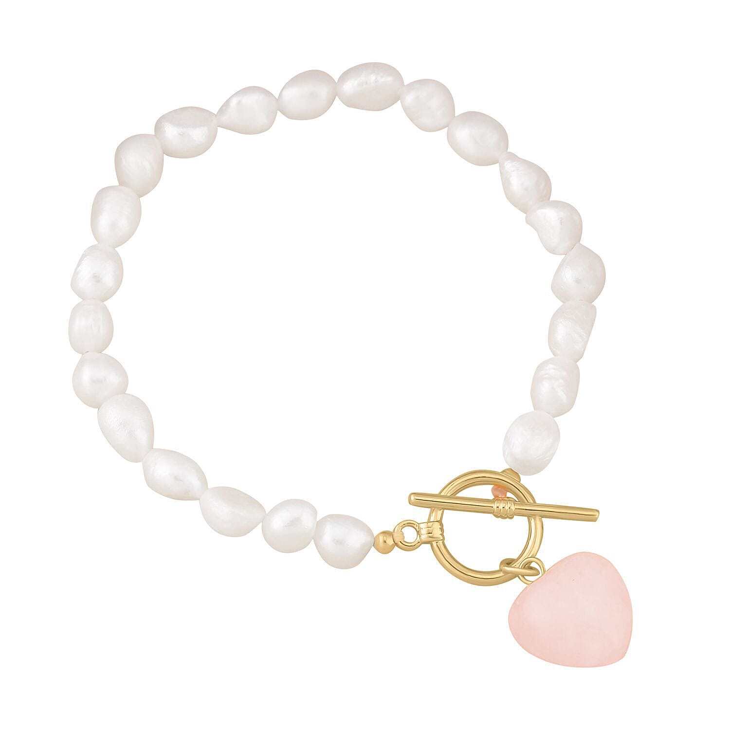 Rose Quartz ,  White Fresh Water Pearl  Bracelet (Size - 7.5) With T-Bar Clasp  Pure Yellow Gold Tone  76.00 ct