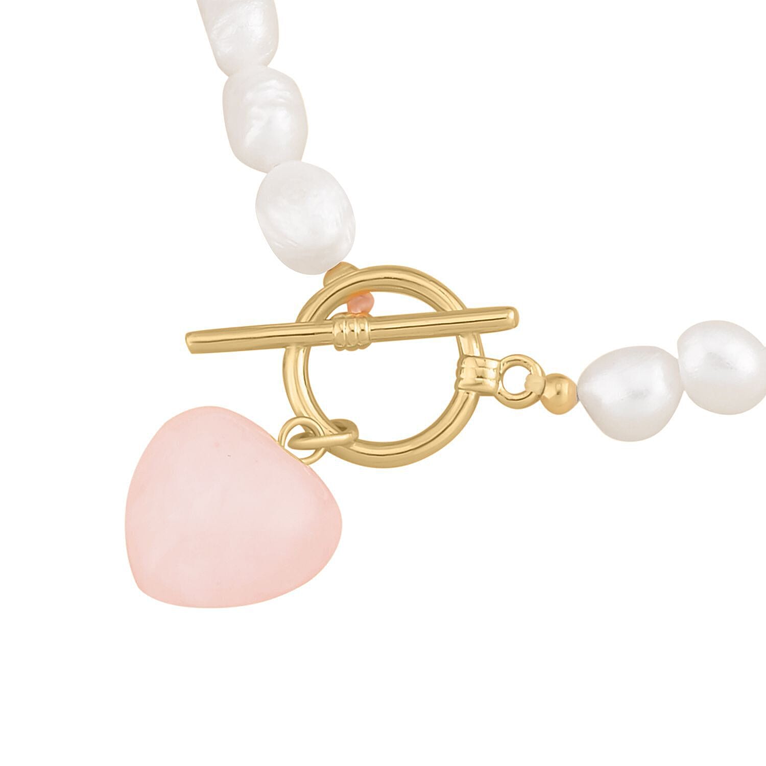 Rose Quartz ,  White Fresh Water Pearl  Bracelet (Size - 7.5) With T-Bar Clasp  Pure Yellow Gold Tone  76.00 ct