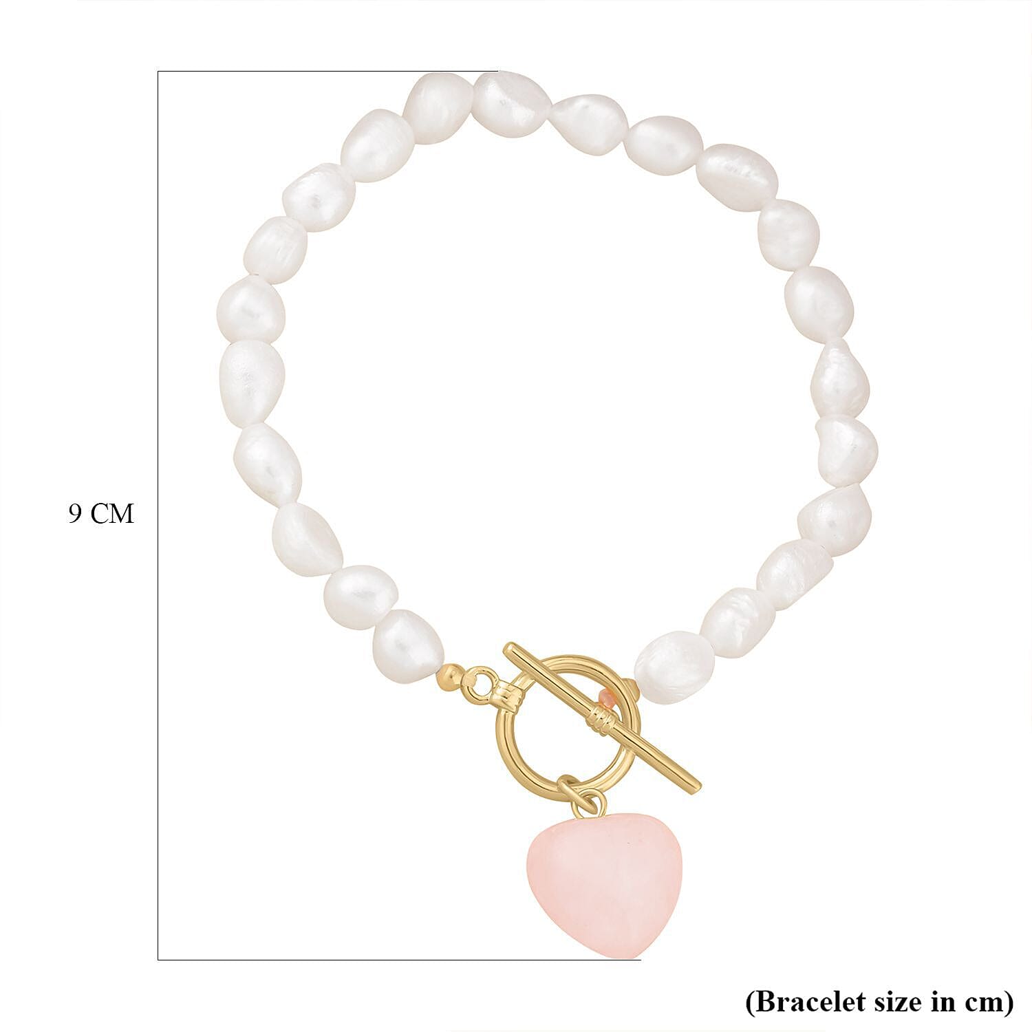 Rose Quartz ,  White Fresh Water Pearl  Bracelet (Size - 7.5) With T-Bar Clasp  Pure Yellow Gold Tone  76.00 ct