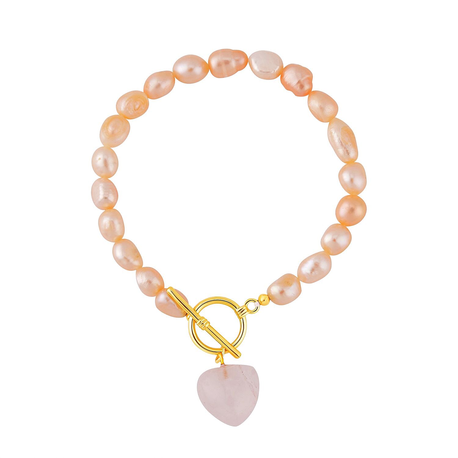 Rose Quartz and Peach Fresh Water Pearl Bracelet (Size - 7.5) with T-Bar Clasp Pure Yellow Gold Tone 76.00 Ct