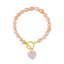 Rose Quartz ,  White Fresh Water Pearl  Bracelet (Size - 7.5) With T-Bar Clasp  Pure Yellow Gold Tone  76.00 ct