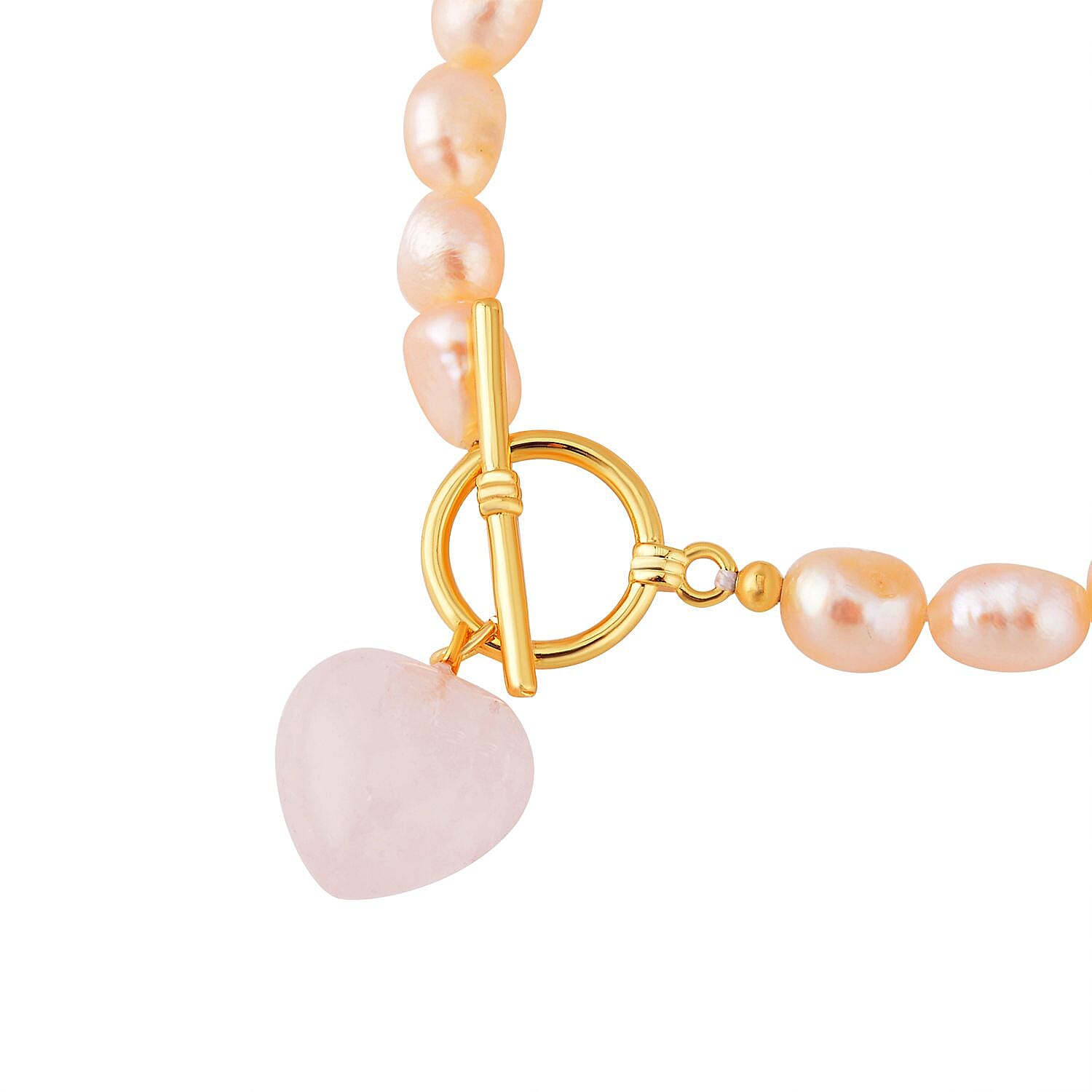 Rose Quartz and Peach Fresh Water Pearl Bracelet (Size - 7.5) with T-Bar Clasp Pure Yellow Gold Tone 76.00 Ct