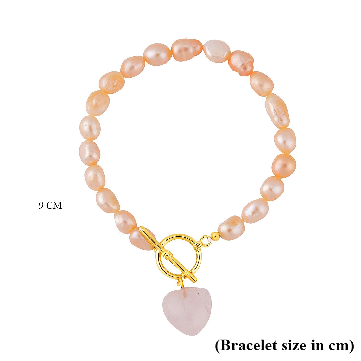 Rose Quartz and Peach Fresh Water Pearl Bracelet (Size - 7.5) with T-Bar Clasp Pure Yellow Gold Tone 76.00 Ct