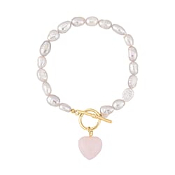 Rose Quartz ,  White Fresh Water Pearl  Bracelet (Size - 7.5) With T-Bar Clasp  Pure Yellow Gold Tone  76.00 ct