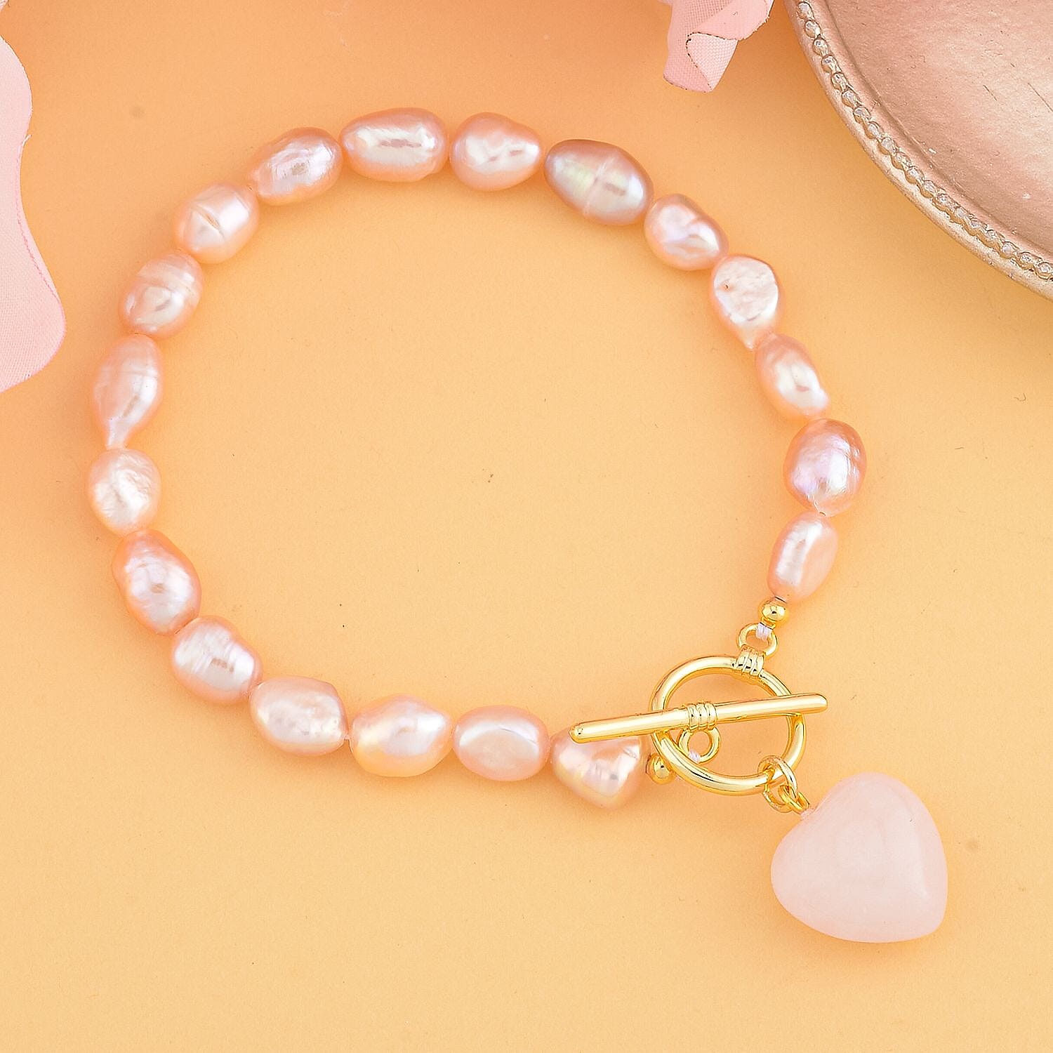 Rose Quartz and Purple Fresh Water Pearl Bracelet (Size - 7.5) with T-Bar Clasp in Yellow Gold Tone