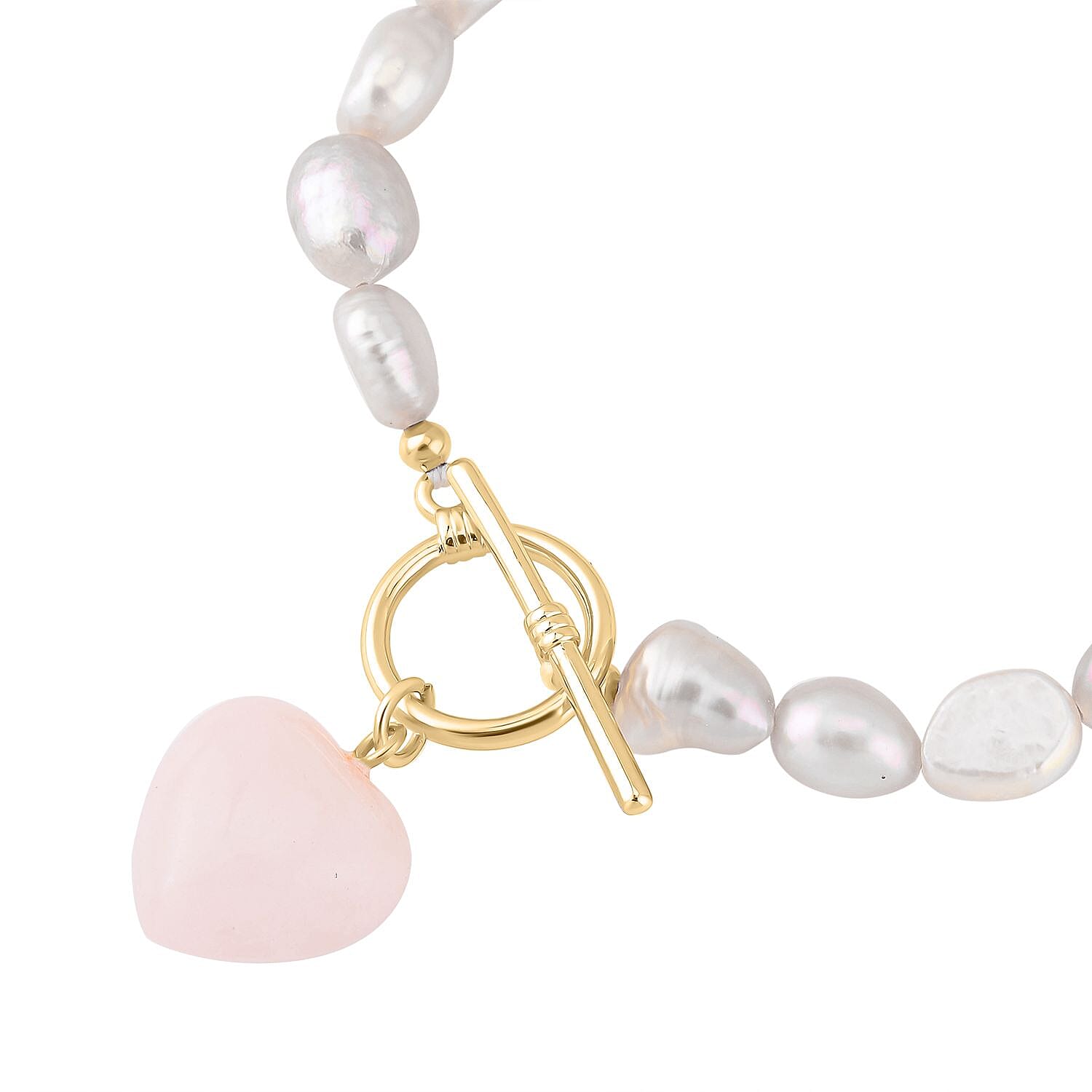 Rose Quartz and Purple Fresh Water Pearl Bracelet (Size - 7.5) with T-Bar Clasp in Yellow Gold Tone