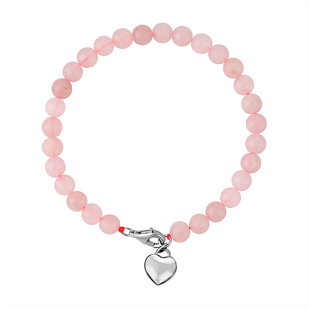 Rose Quartz Heart Charms Bracelet (Size - 7.5) in Rhodium Overlay Sterling Silver