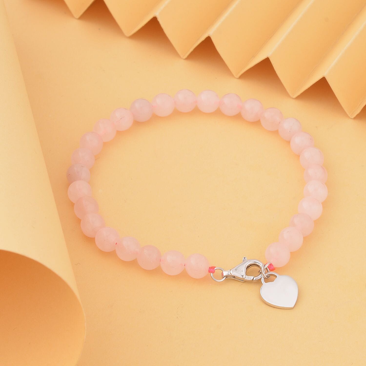 Rose Quartz Bracelet (Size - 7.5) with Lobster Clasp in Rhodium Overlay Sterling Silver