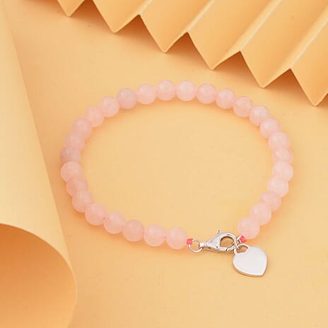 Rose Quartz Heart Charms Bracelet (Size - 7.5) in Rhodium Overlay Sterling Silver