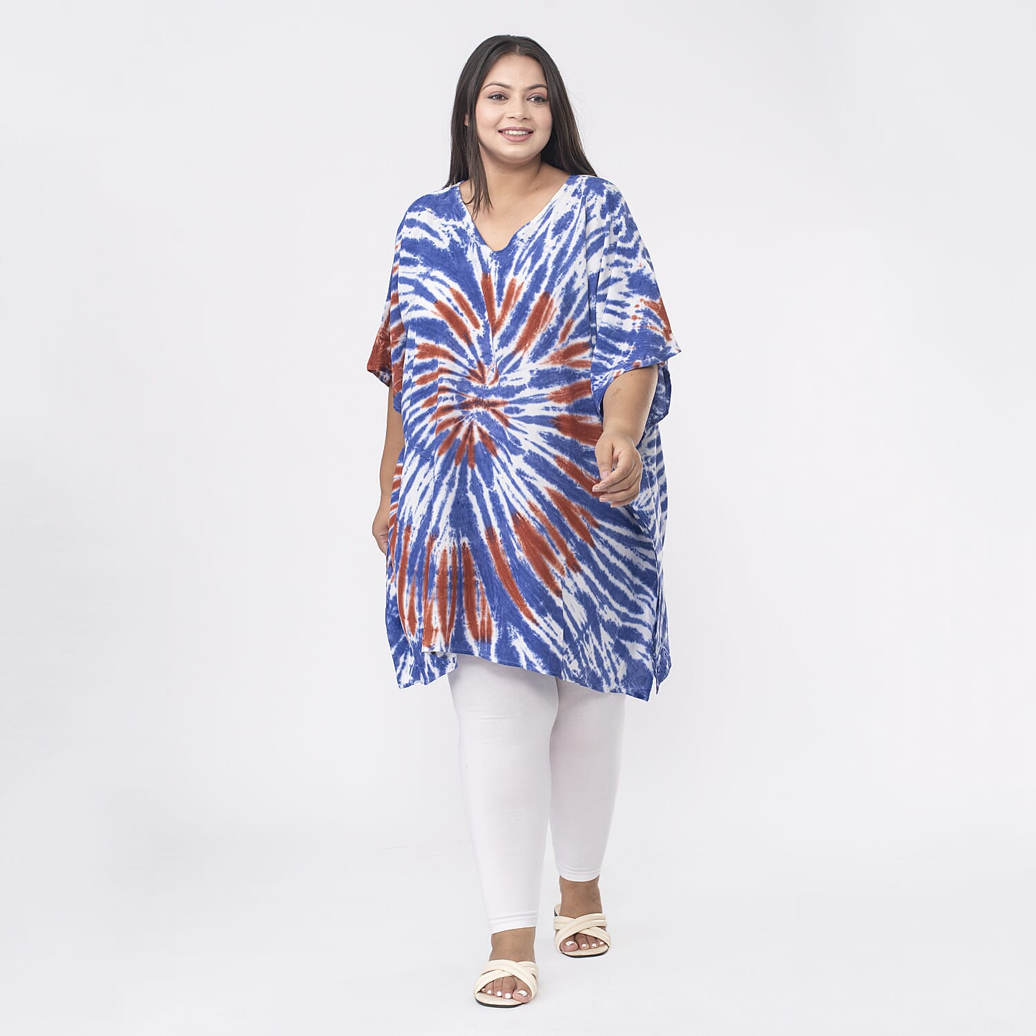 Tamsy 100% Viscose V-Neck Tie Dye Short Kaftan (One Size,8-18) - Orange and Blue