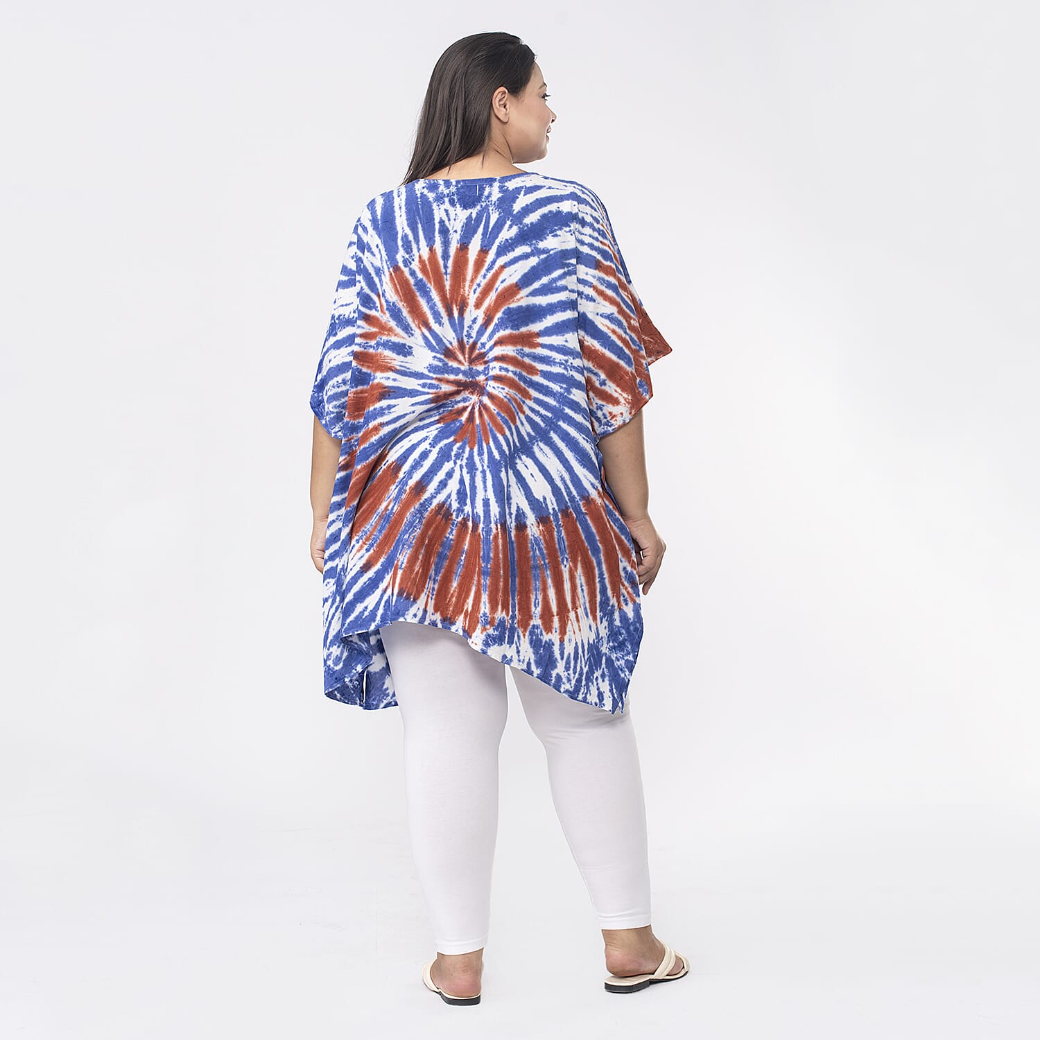 Tamsy 100% Viscose V-Neck Tie Dye Short Kaftan (One Size,8-18) - Orange and Blue