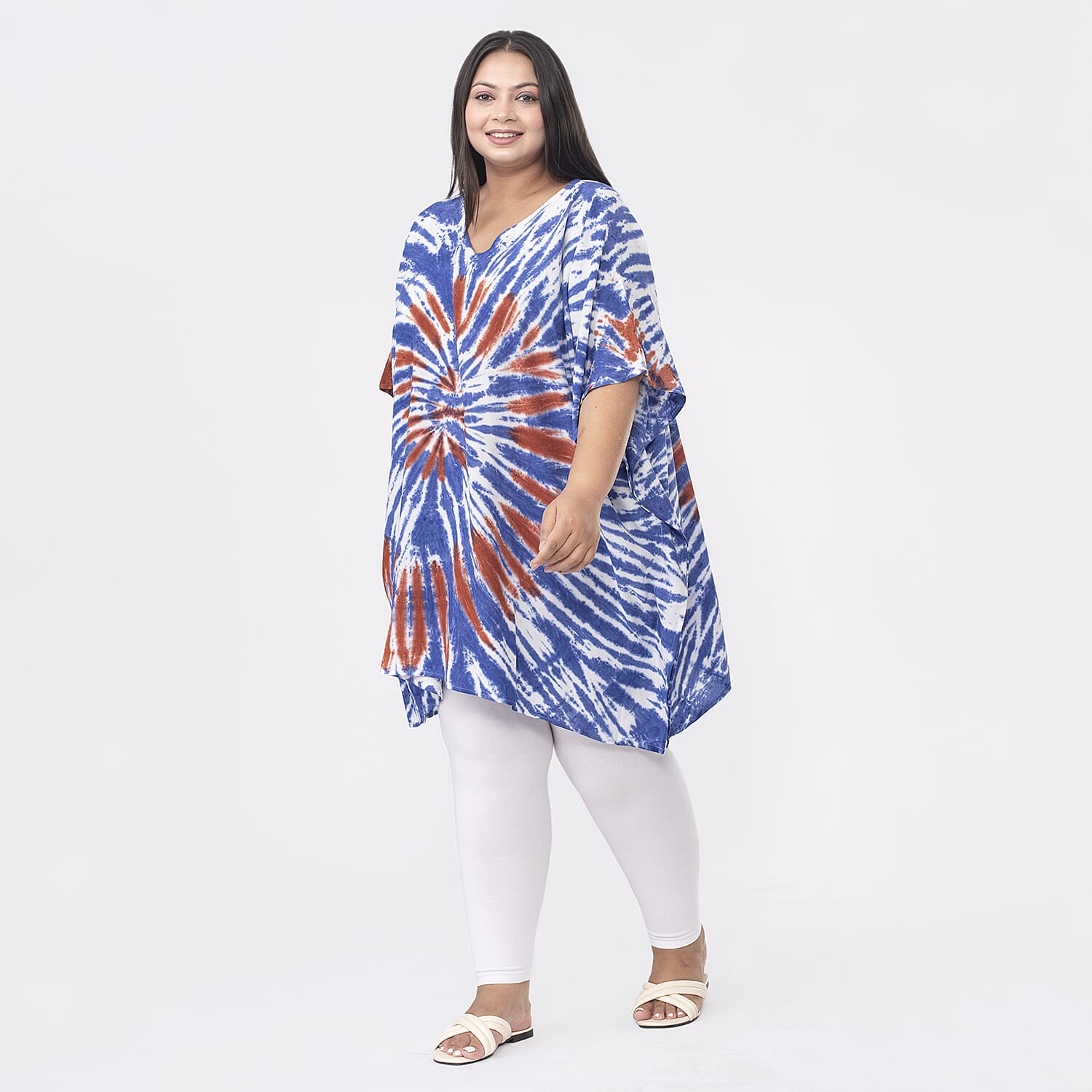 Tamsy 100% Viscose V-Neck Tie Dye Short Kaftan (One Size,8-18) - Orange and Blue