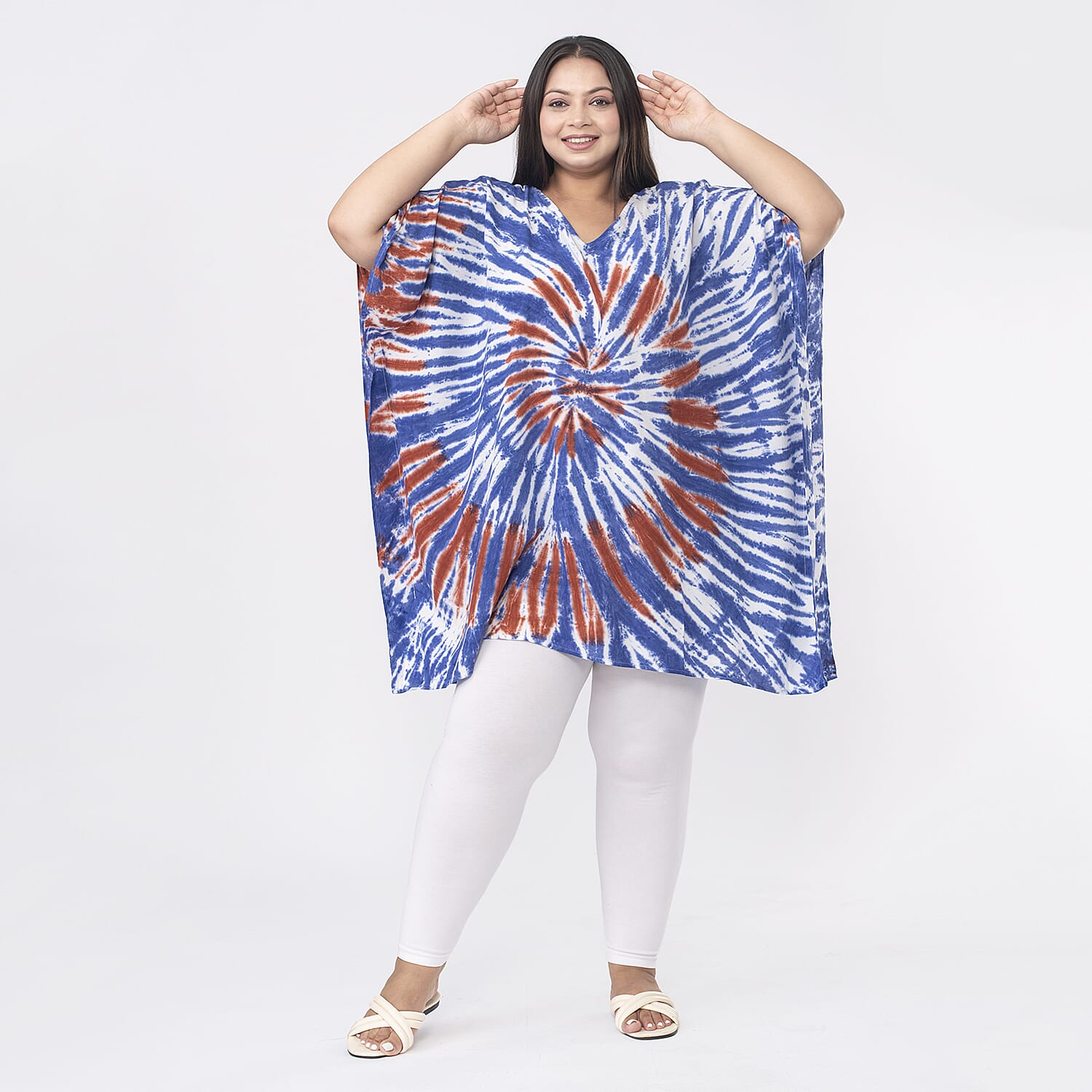 Tamsy 100% Viscose V-Neck Tie Dye Short Kaftan (One Size,8-18) - Orange and Blue