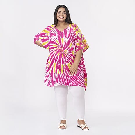 Tamsy 100% Viscose V-Neck Tie Dye Short Kaftan (One Size,8-18) - Red and Brown
