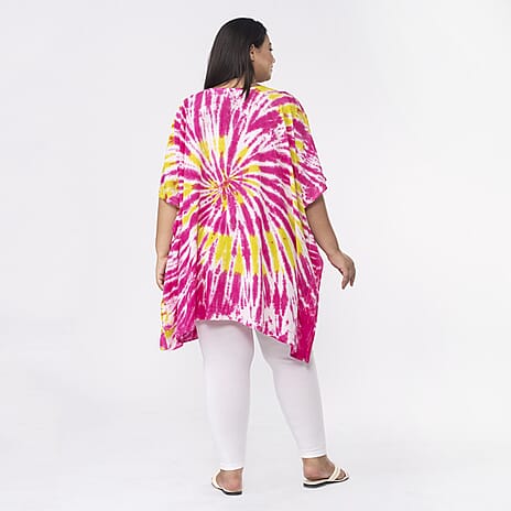 Tamsy 100% Viscose V-Neck Tie Dye Short Kaftan (One Size,8-18) - Red and Brown