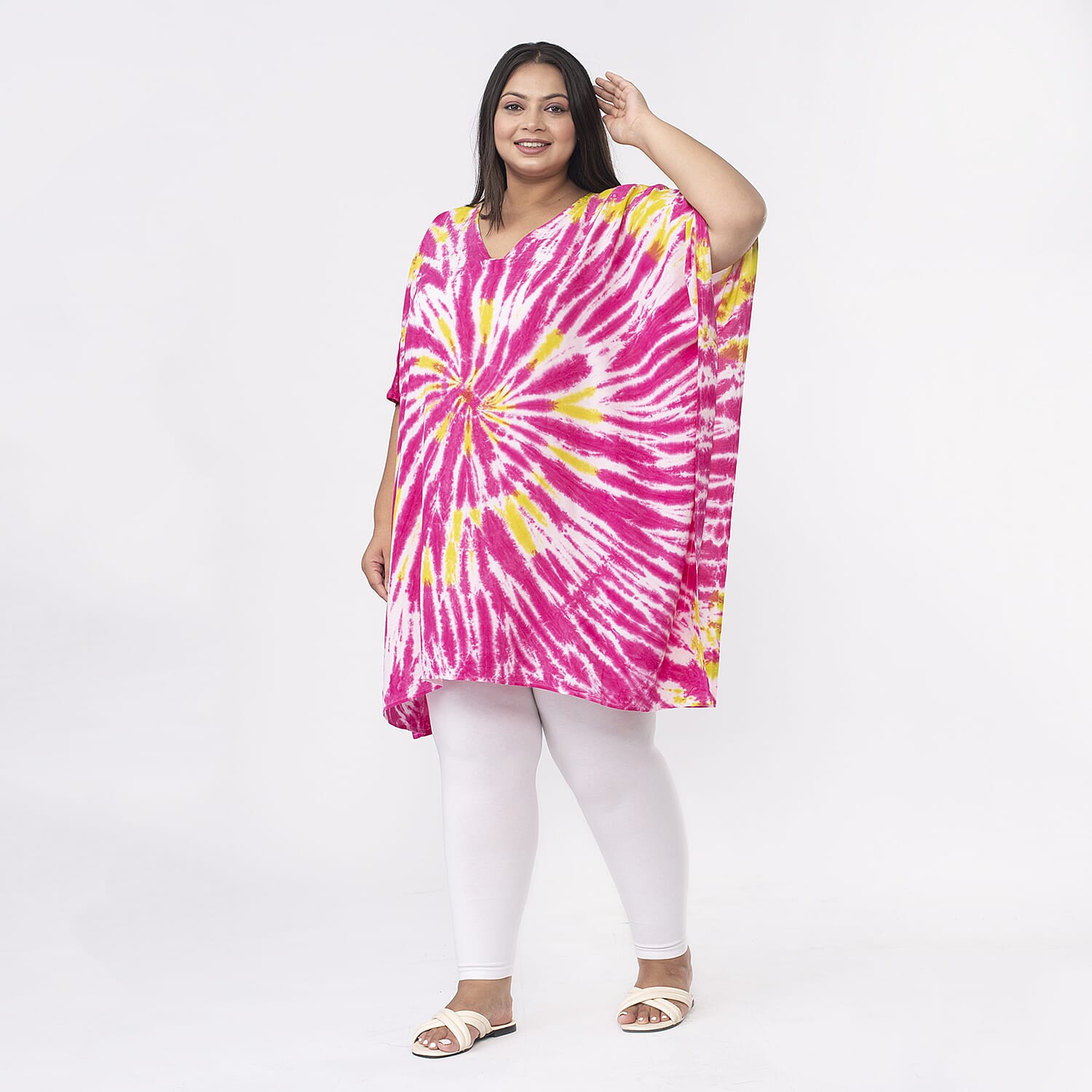 Tamsy 100% Viscose V-Neck Tie Dye Kaftan (One Size,8-18) - Oranage and Blue