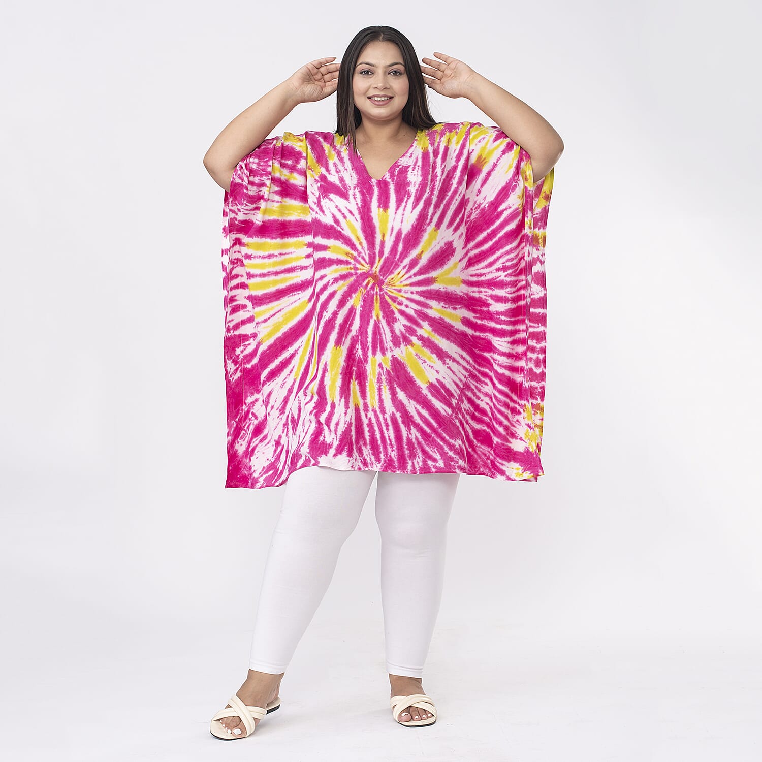 Tamsy 100% Viscose V-Neck Tie Dye Kaftan (One Size,8-18) - Oranage and Blue