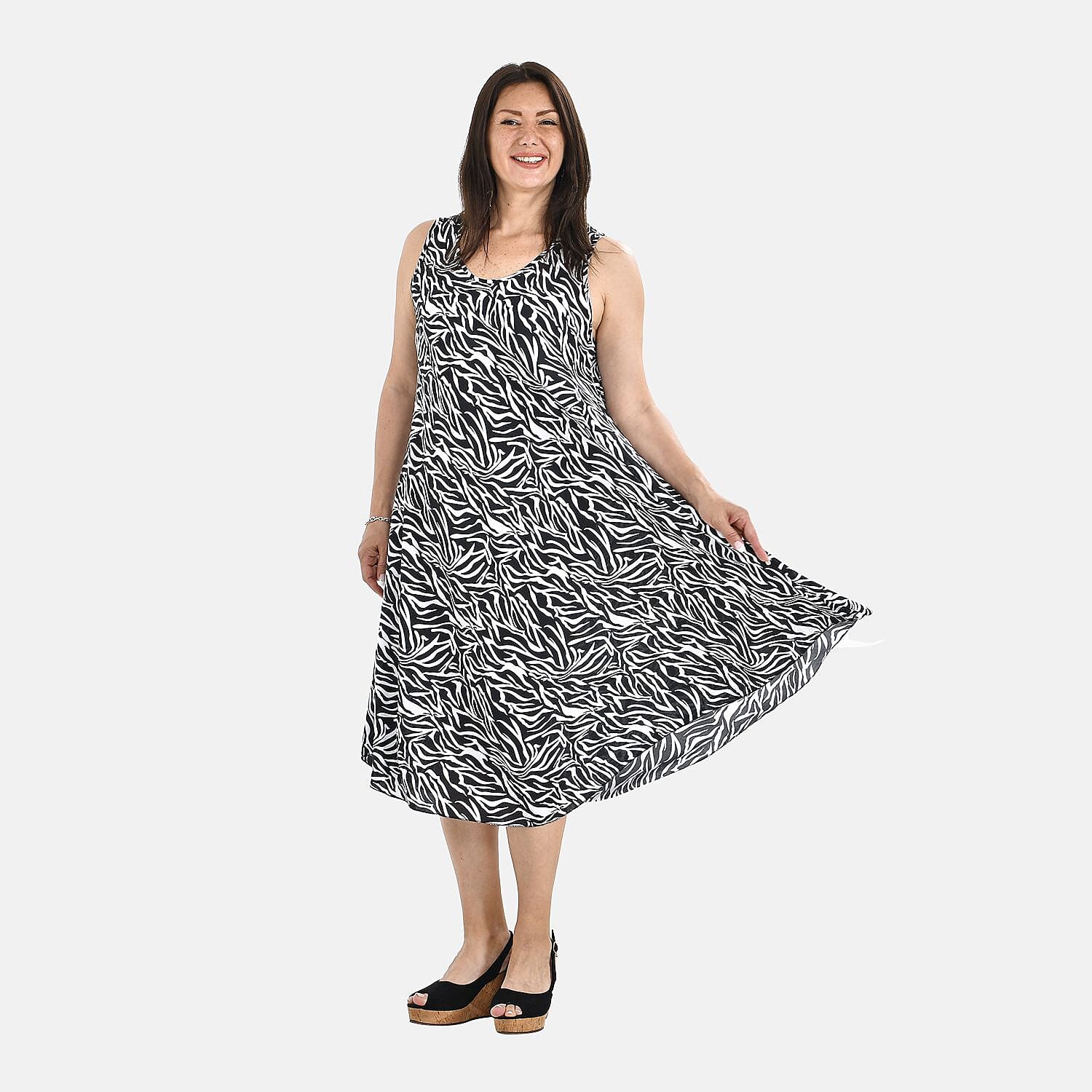 Tamsy Abstract Umbrella Midi Dress (One Size Curve 20-26) - Black & White