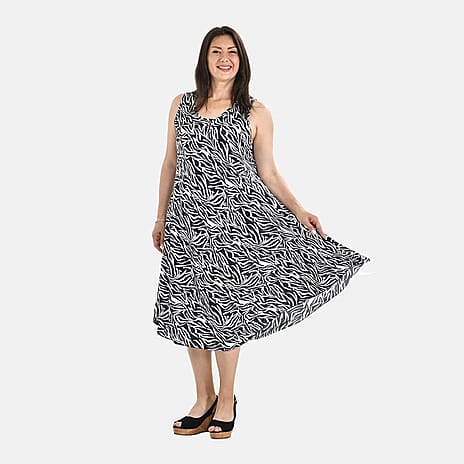 Tamsy Abstract Umbrella Midi Dress (One Size Curve 20-26) - Black & White