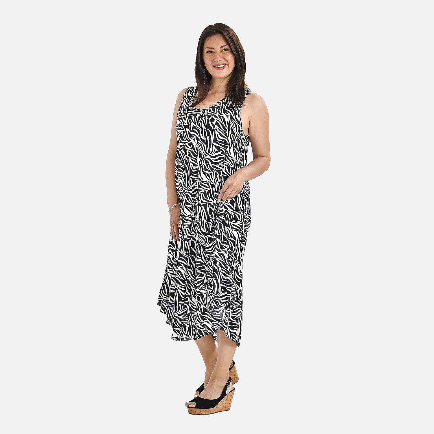 Tamsy Abstract Umbrella Midi Dress (One Size Curve 20-26) - Black & White