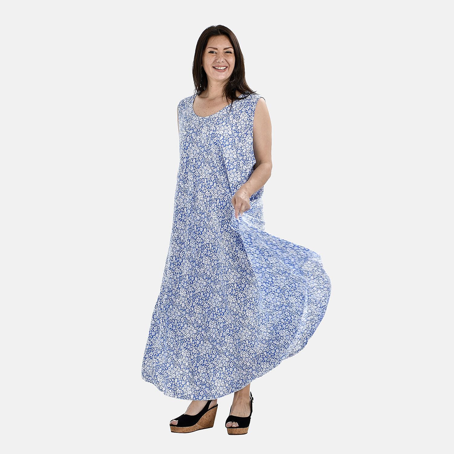 Tamsy Daisy Print Umbrella Maxi Dress (One Size 8-18) - Sky Blue