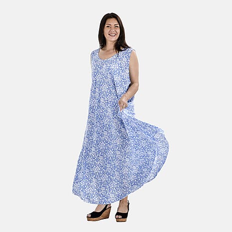 Tamsy Daisy Print Umbrella Maxi Dress (One Size 8-18) - Sky Blue