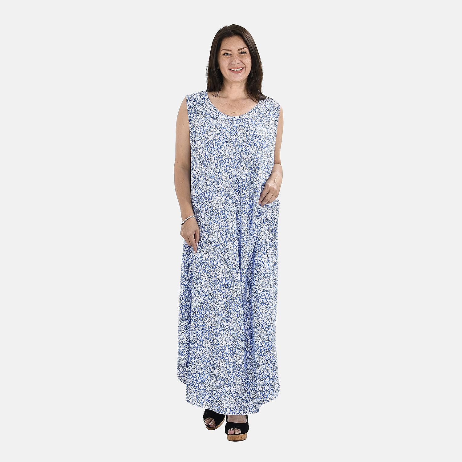 Tamsy Daisy Print Umbrella Maxi Dress (One Size 8-18) - Sky Blue