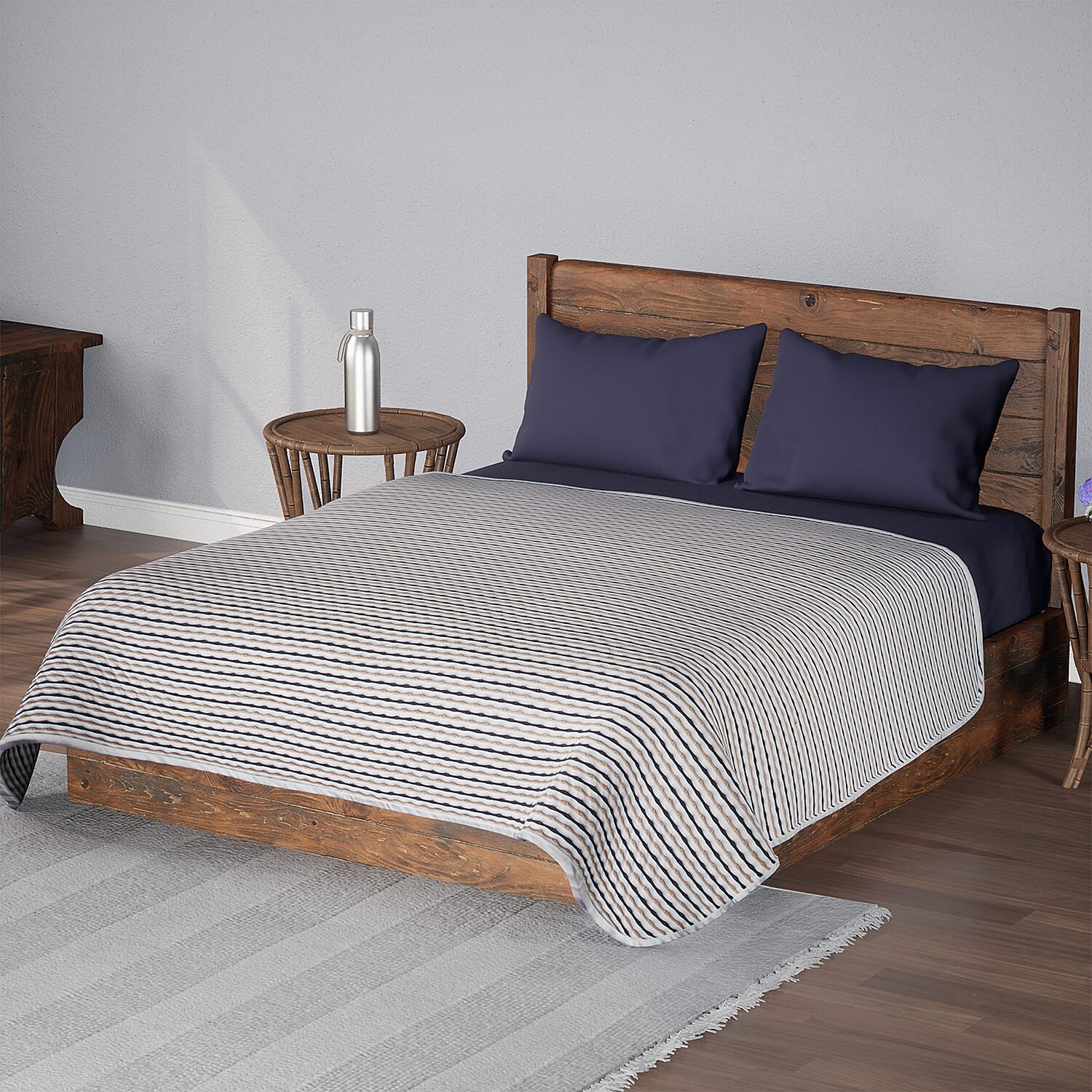 Knitted Viscose Soft Dohar Blanket with Filling Weaved (Size 228x145 cm) - Black & Beige