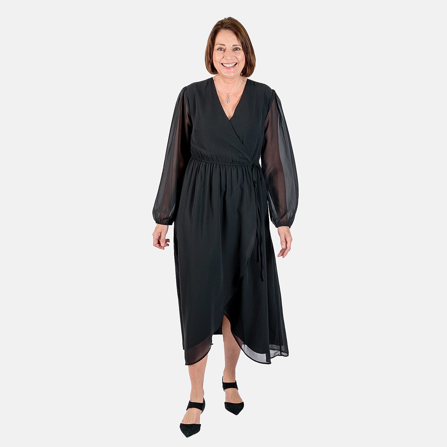 TAMSY Front Wrap V-Neck Midi Dress (Size M) - Black