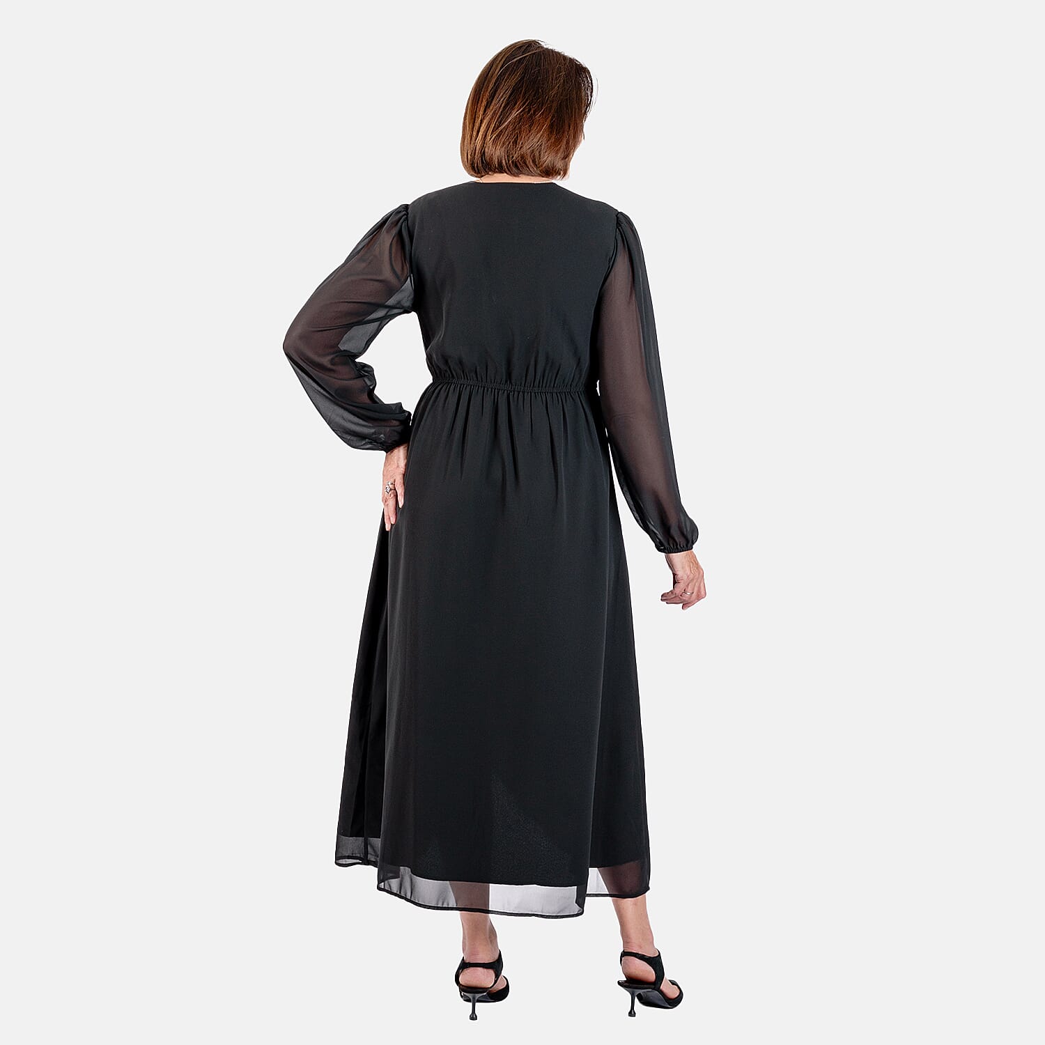 TAMSY Front Wrap V-Neck Midi Dress (Size M) - Black