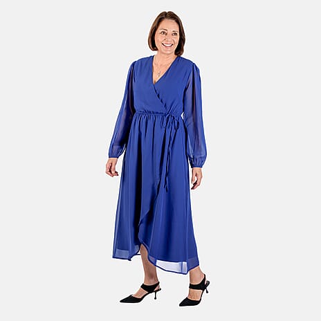 TAMSY Front Wrap V-Neck Midi Dress (Size S) - Blue