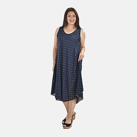 Tamsy 100% Viscose Polka Dots Print Umbrella Midi Dress (One Size Curve,18-24) - Navy
