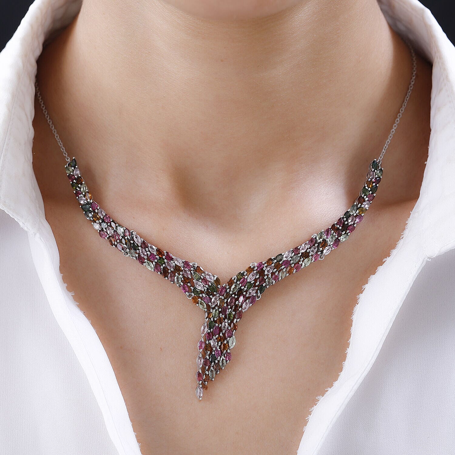 Multi-Tourmaline Necklace (Size - 20) with Lobster Lock in Platinum Overlay Sterling Silver 13.28 Ct, Silver Wt. 14.18 Gms