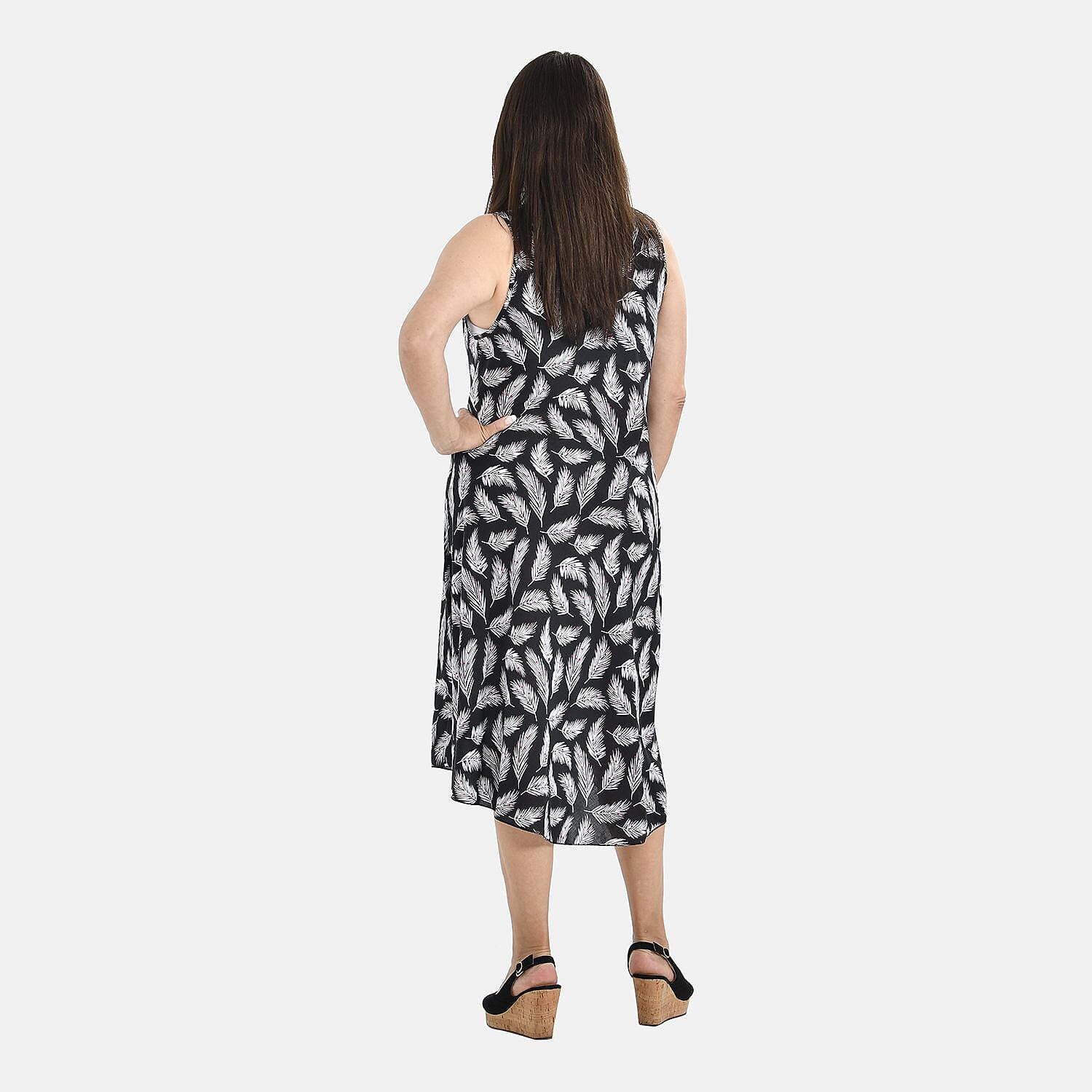 Tamsy 100% Viscose Leaf Pattern Umbrella Midi Dress (One Size) - Black & White