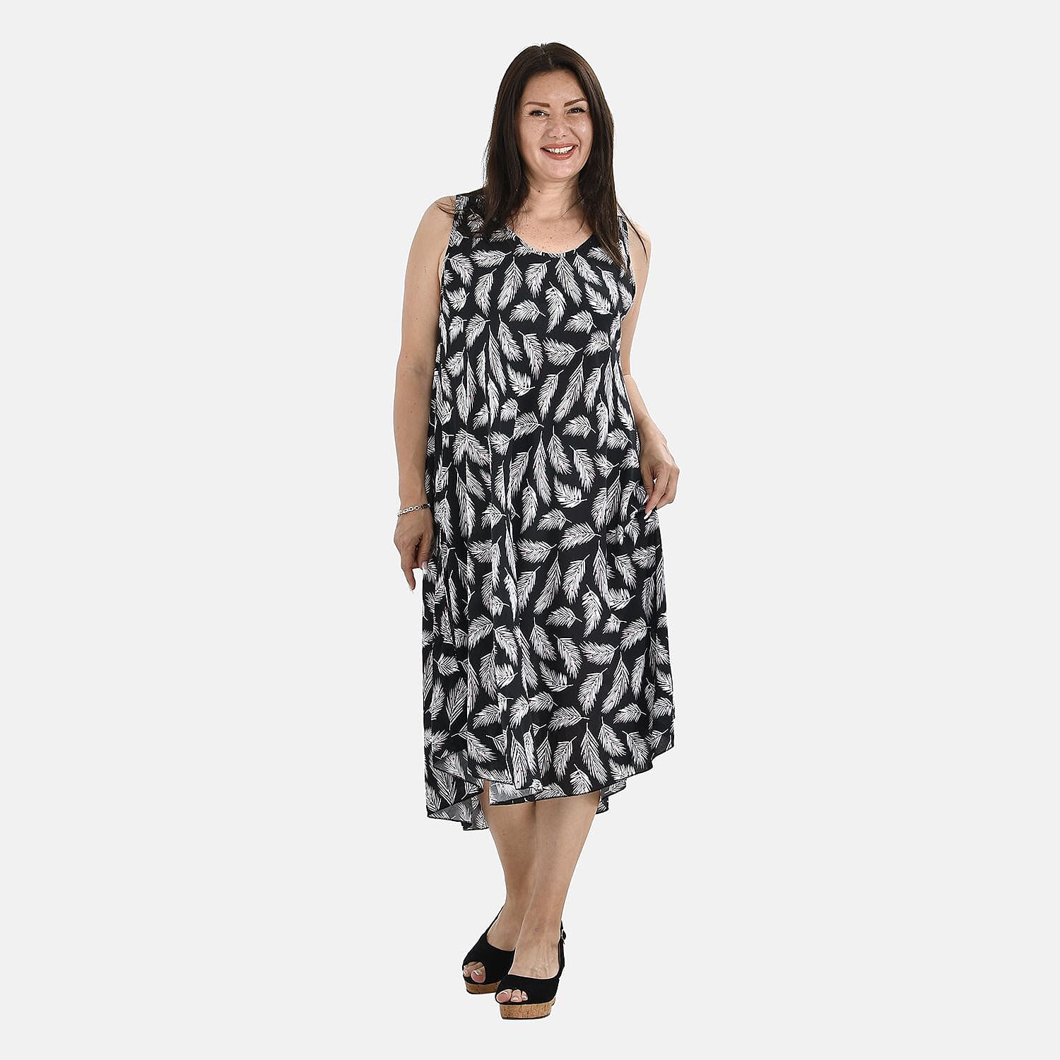 Tamsy 100% Viscose Leaf Pattern Umbrella Midi Dress (One Size Curve) - Black & White