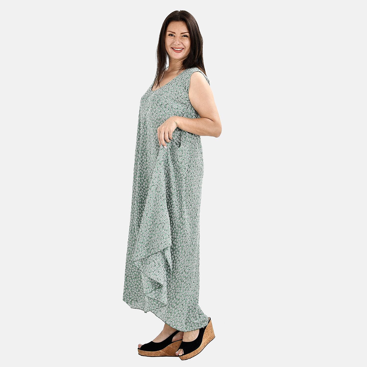 Tamsy 100% Viscose Dot Printed Umbrella Midi Dress (One Size) - Blue