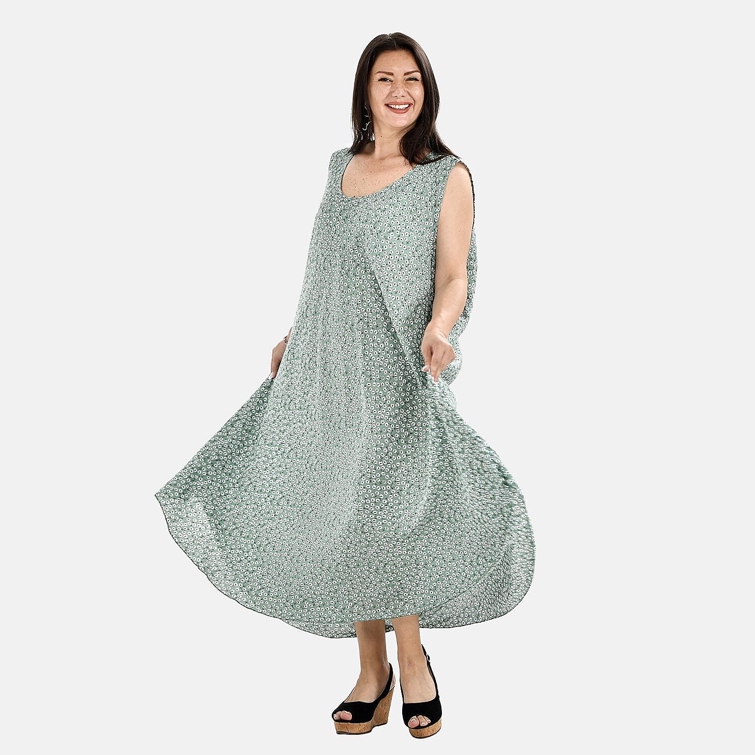Tamsy 100% Viscose Dot Printed Umbrella Midi Dress (One Size) - Blue