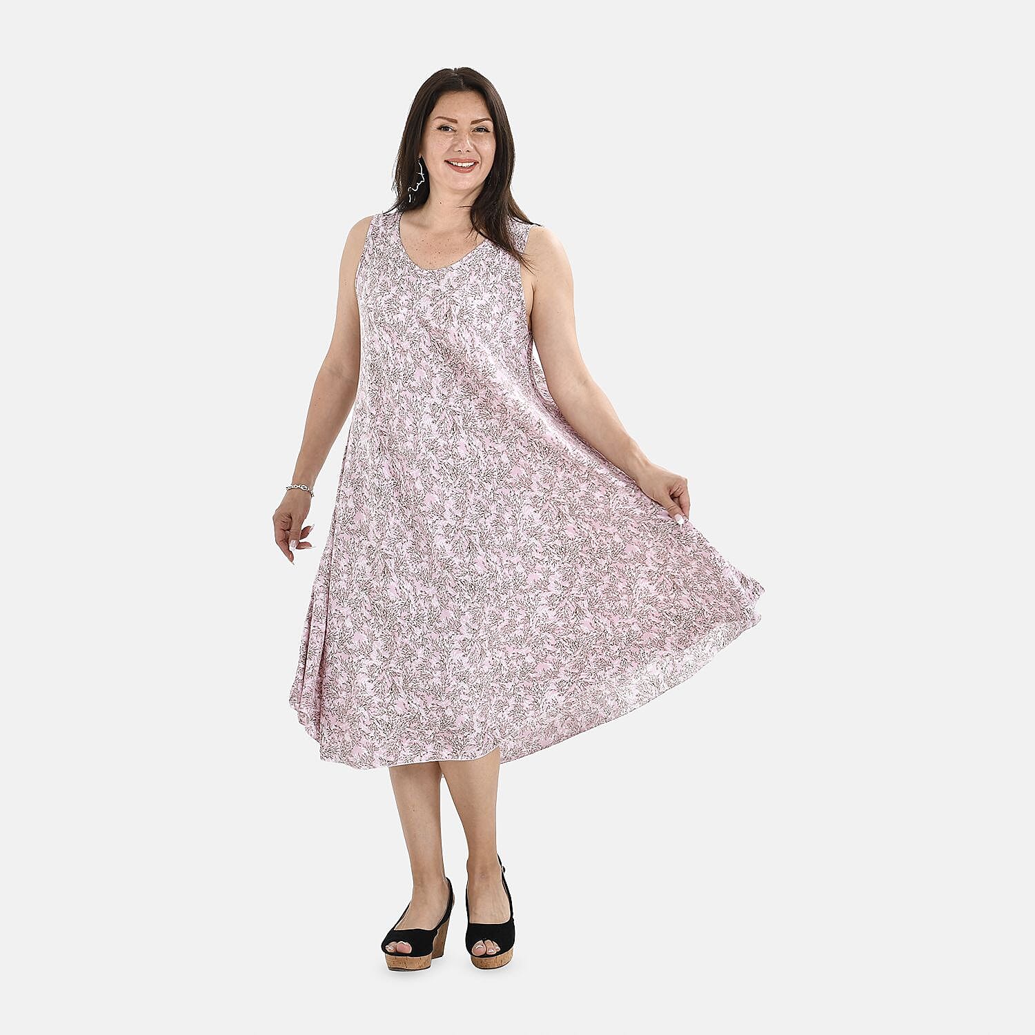 Tamsy 100% Viscose Leaf Pattern Umbrella Midi Dress (One Size) - Black & White