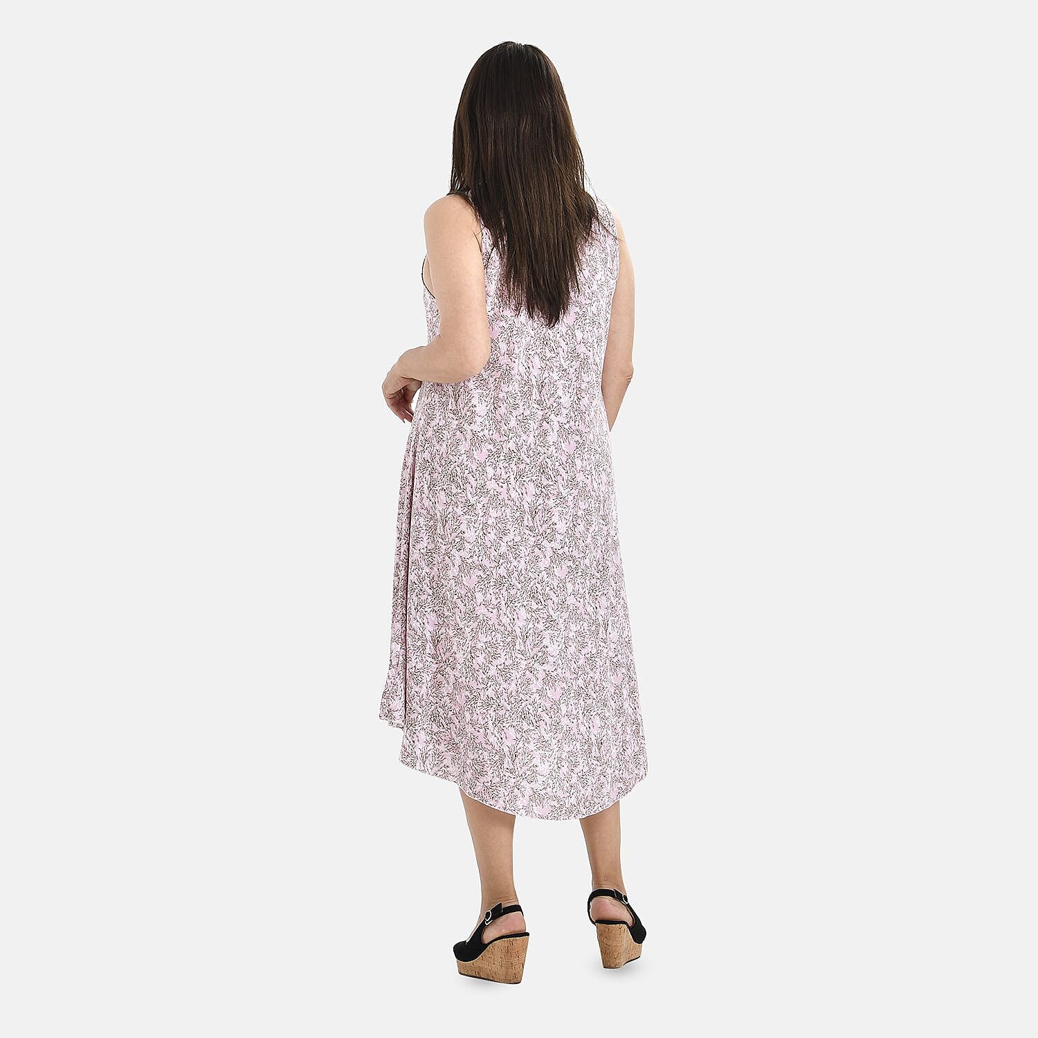 Tamsy 100% Viscose Leaf Pattern Umbrella Midi Dress (One Size) - Black & White