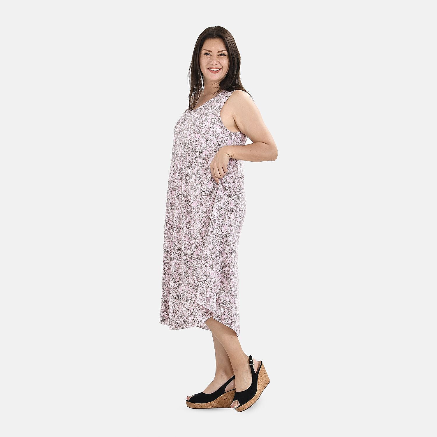 Tamsy 100% Viscose Leaf Pattern Umbrella Midi Dress (One Size) - Black & White