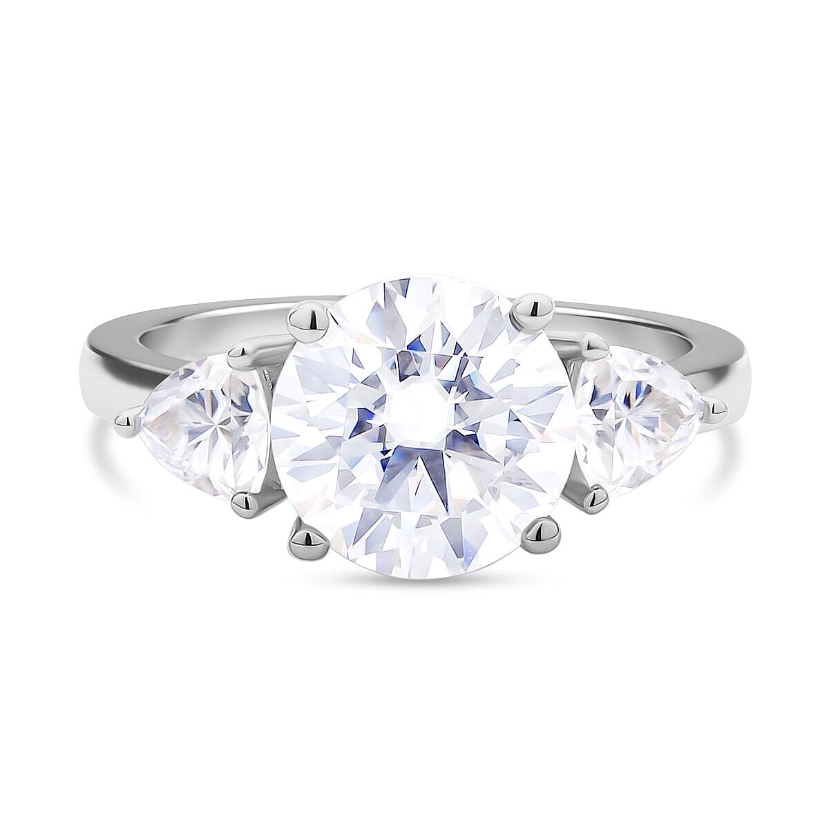 Moissanite 3 Stone Ring in Rhodium Overlay Sterling Silver 4.40 Ct