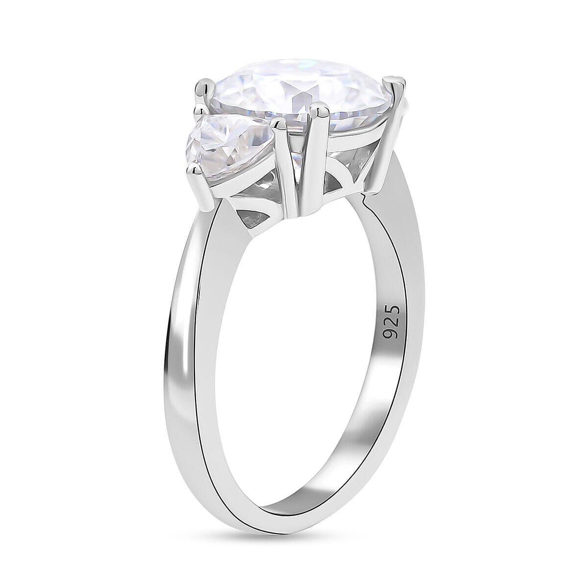 Moissanite 3 Stone Ring in Rhodium Overlay Sterling Silver 4.40 Ct