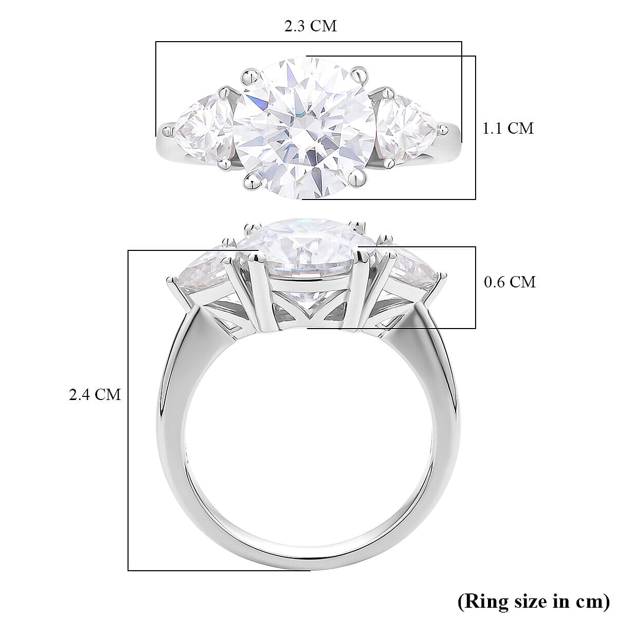 Moissanite 3 Stone Ring in Rhodium Overlay Sterling Silver 4.40 Ct