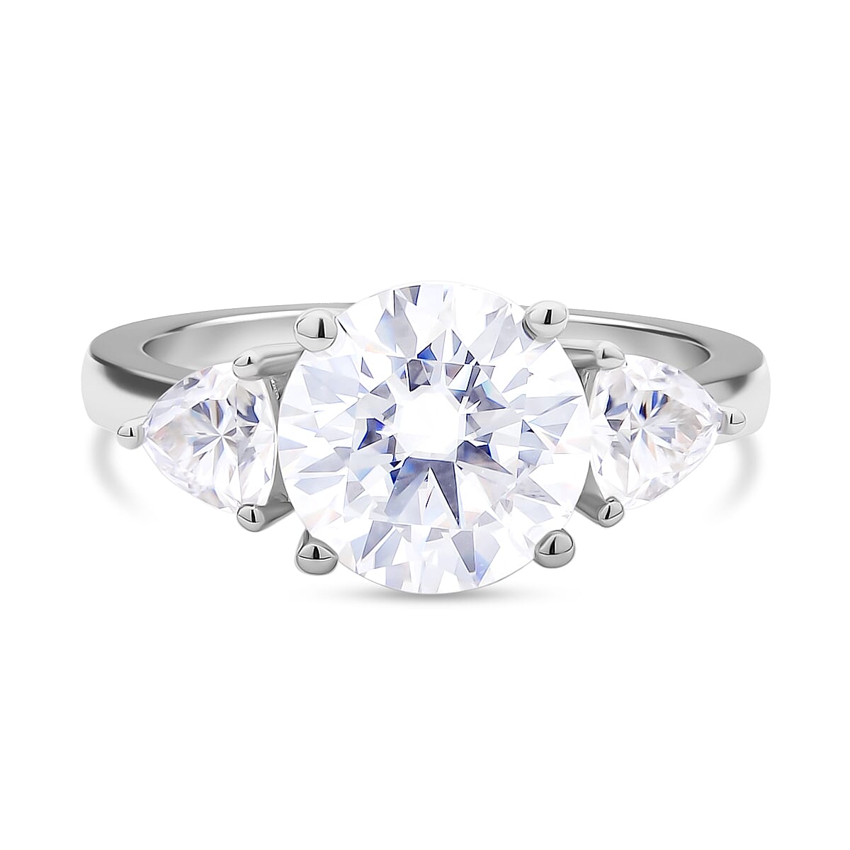 Moissanite 3 Stone Ring in Rhodium Overlay Sterling Silver 4.40 Ct