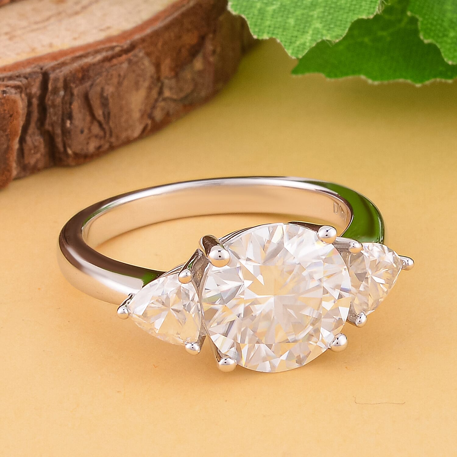 Moissanite 3 Stone Ring in Rhodium Overlay Sterling Silver 4.40 Ct